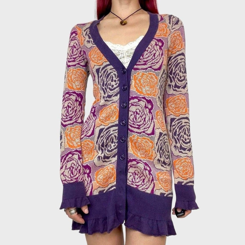 Anthro Sleeping on Snow Blooming Jacquard Longline Cardigan Sz XS Purple Orange